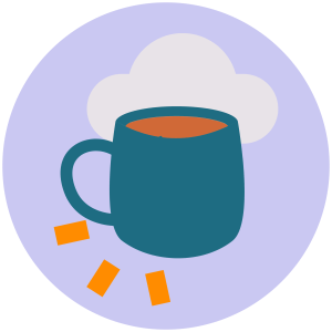 A pictogram with a cup of tea and a cloud illustration, to show our Rest and relax work