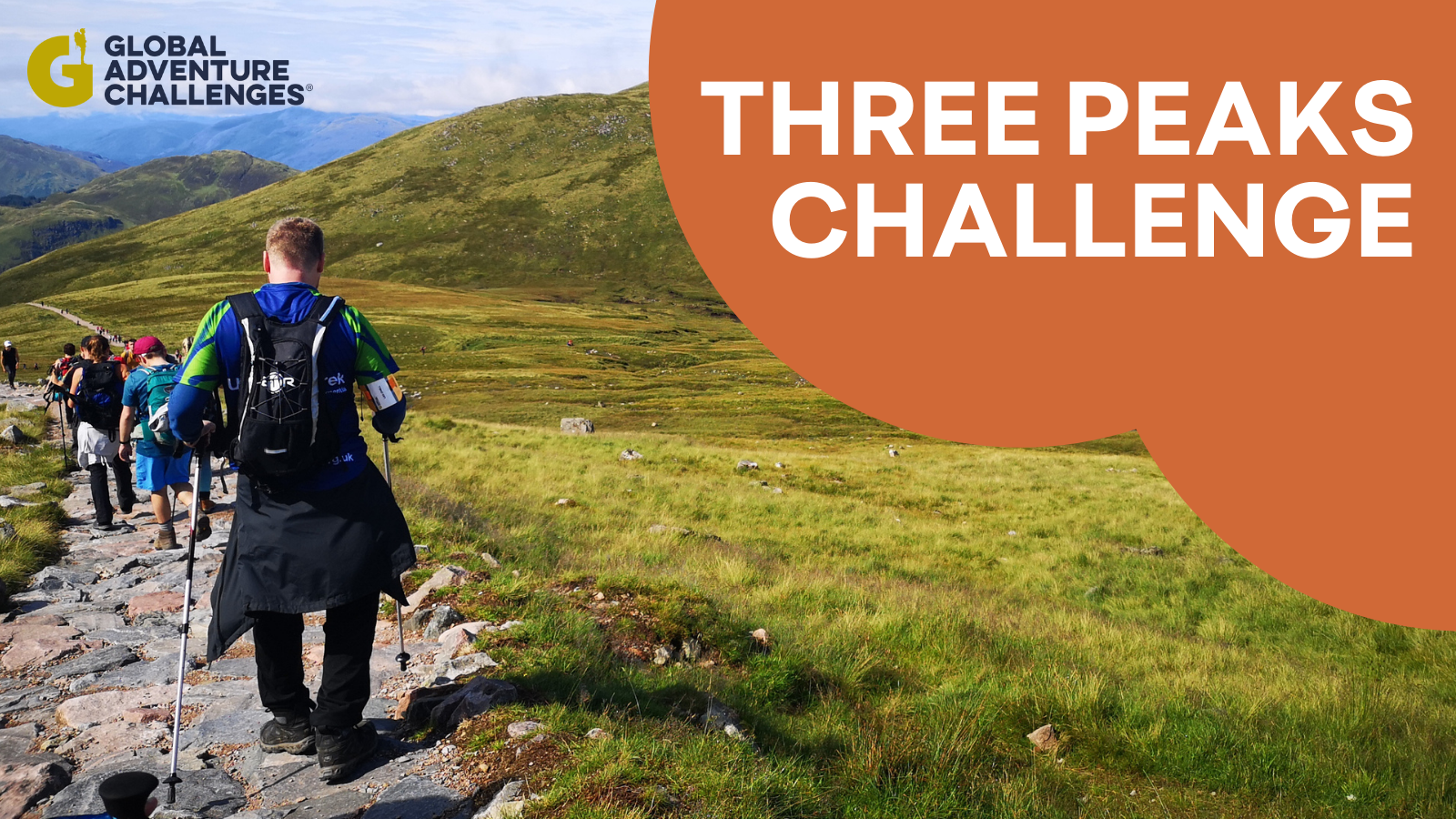 Photo of a man walking down a rocky path with two walking poles and a group of people ahead of him, with green fields off to the right. Orange/brown cloud shape in top right corner and words reading: Three Peaks Challenge.