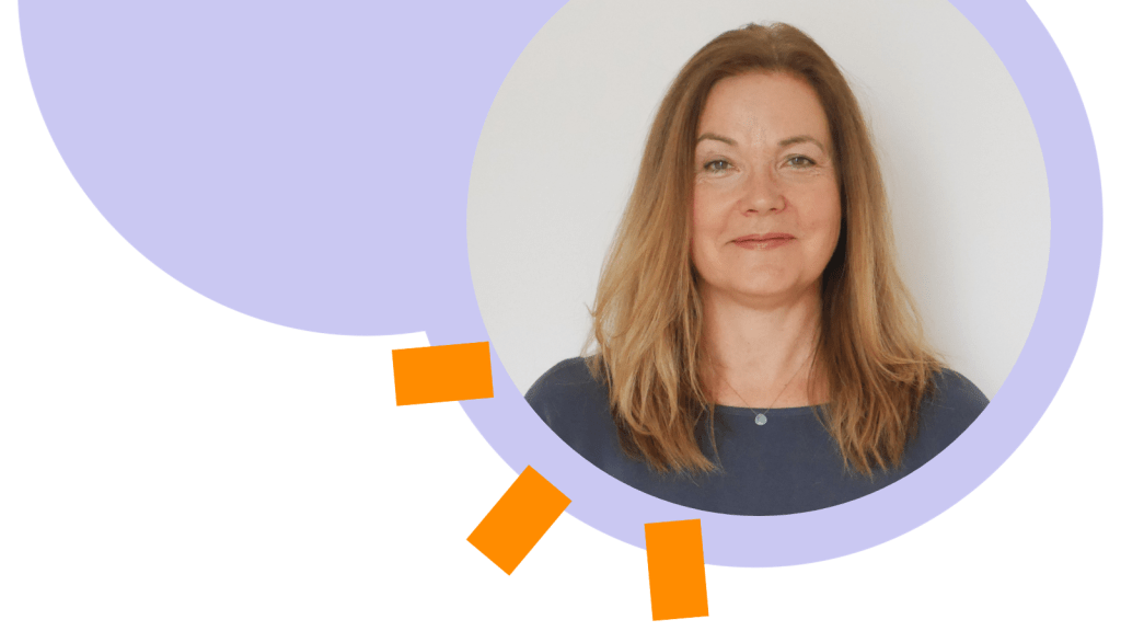 Photo of a caucasian woman with long blonde/brown hair smiling standing against a plain white/beige background in a lavender/purple cloud shape with orange sunbeam graphics.