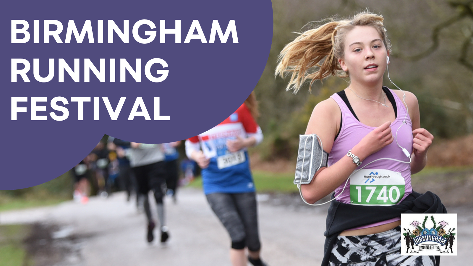 Photo of a young caucasian woman with blonde hair running. Purple cloud shape in top left corner with words reading BIRMINGHAM RUNNING FESTIVAL. Birmingham Running Festival logo in bottom right corner.