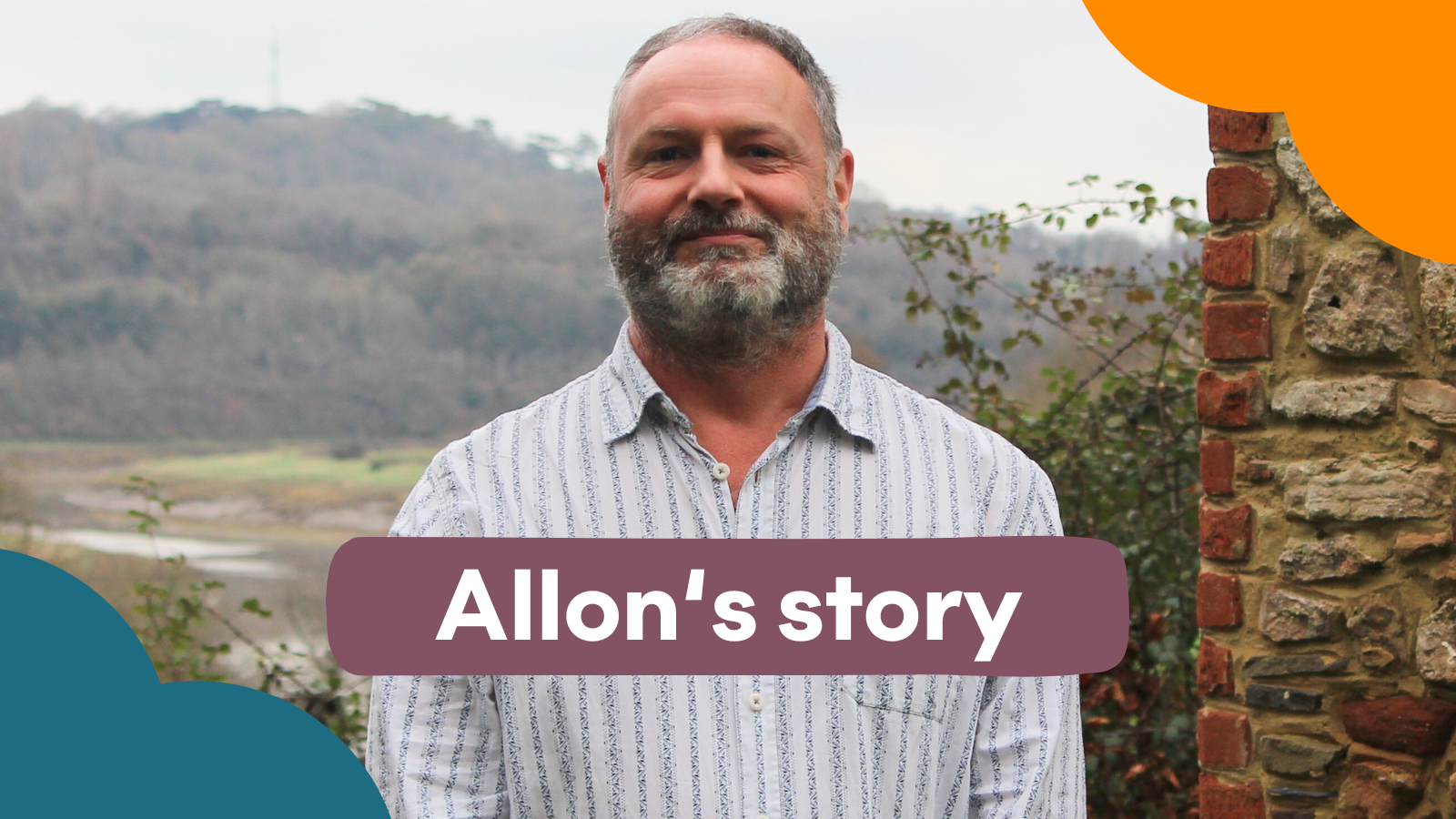 Photo of caucasian male wearing a striped shirt standing infront of landscape. Red/brown button shape reading; Allon's story