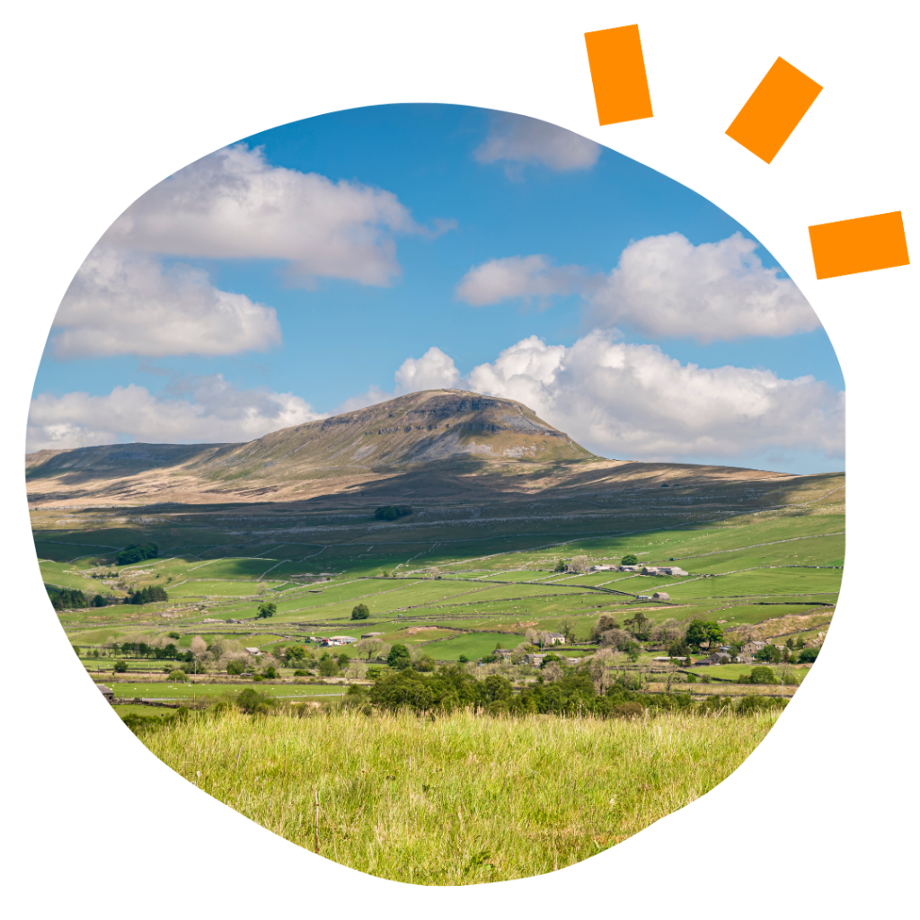 Photo of Pen-y-Ghant, one of the Yorkshire Three Peaks, in a circle shape and orange sunbeam rays in top right corner.