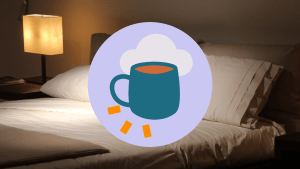 A photo of a bed with the Rest and Relax icon over the top, which is a purple circle and a blue mug of tea