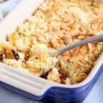 An oven dish filled with crumble cake