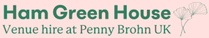 Logo: The words Ham Green House, Venue hire at Penny Brohn UK in green text on a pink background