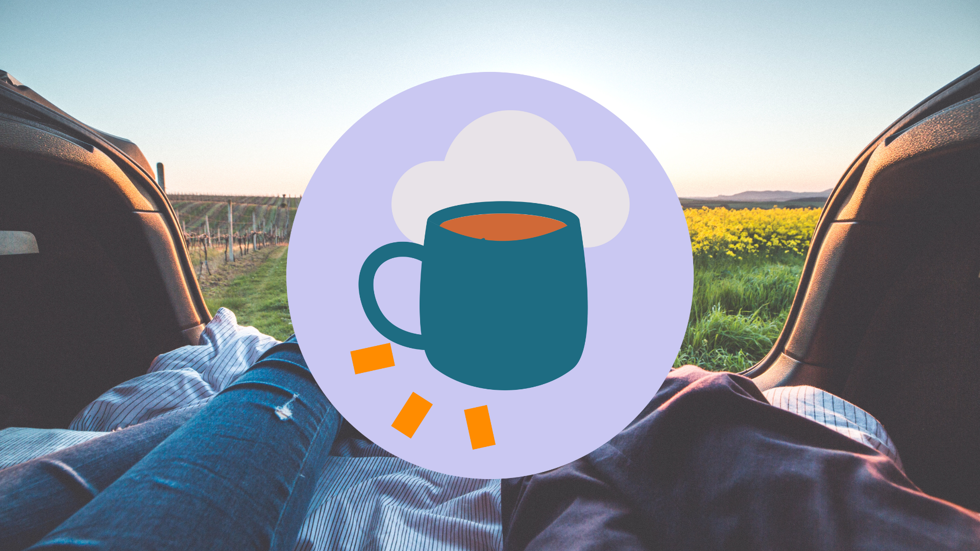 A picture of people sitting in a car looking out at a field with our Rest and Relax pillar icon on