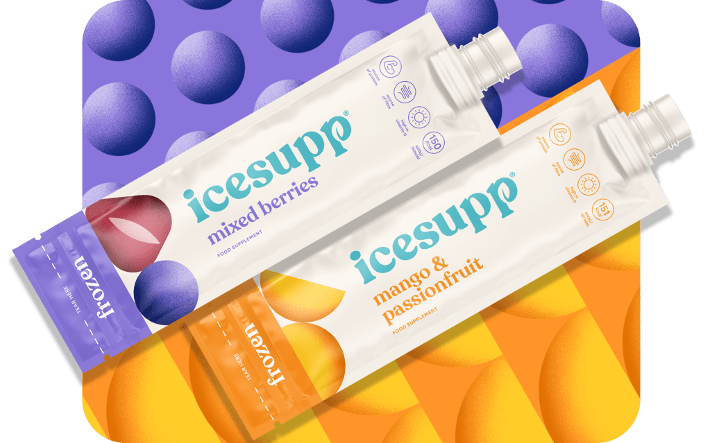 A photo of two icesupp drink products on a purple and orange background
