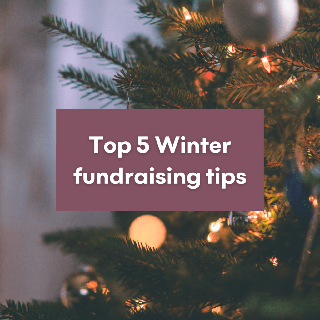 Photo of a Christmas tree with a burgundy square in the middle and words in white reading 'Top 5 Winter fundraising tips'