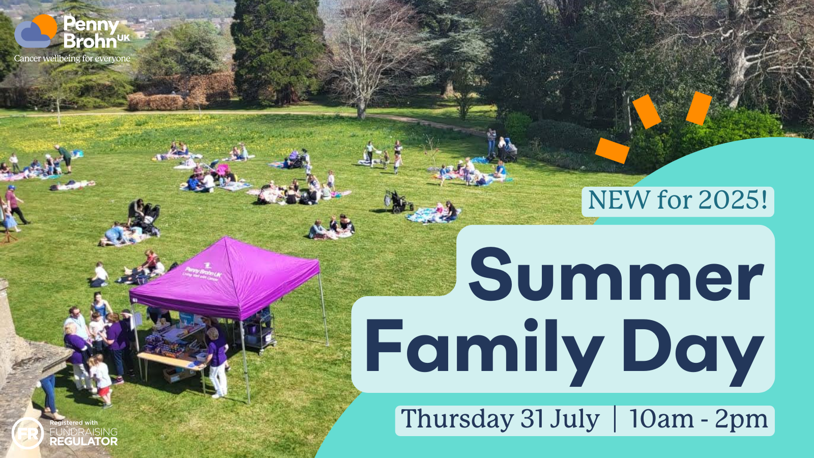Photo of people having picnics in the Penny Brohn UK gardens with words overlayed reading: NEW for 2025. Summer Family Day. Thursday 31 July | 10am - 2pm