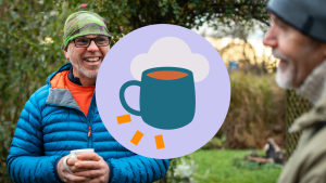 A picture of a man in a garden with a tea icon over the top